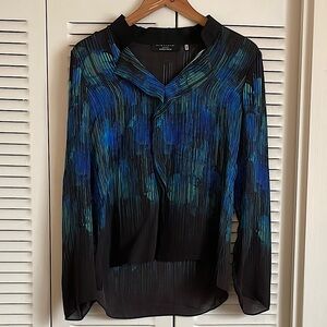 Elie Tahari Black/Blue patterned Blouse 100% Silk with Notched Collar - Size XS